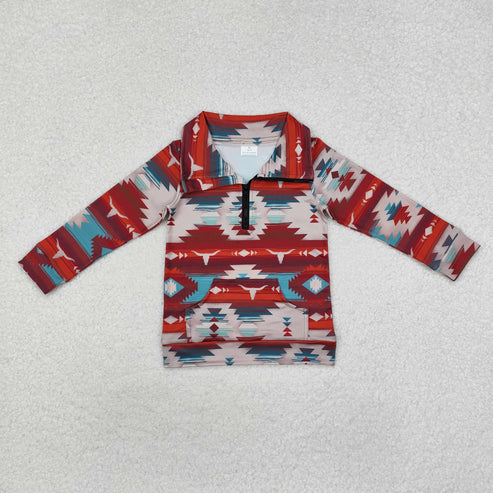 10.1 RTS Sibling Baby Boys Long Sleeves Western Camo Aztec Pocket Half Zipper Pullovers Top