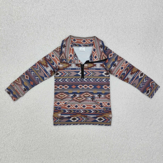 BT1066  Long sleeves aztec cross kids western zip pullover