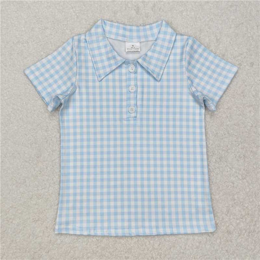 BT1125Short sleeves light blue plaid kids boys polo shirt