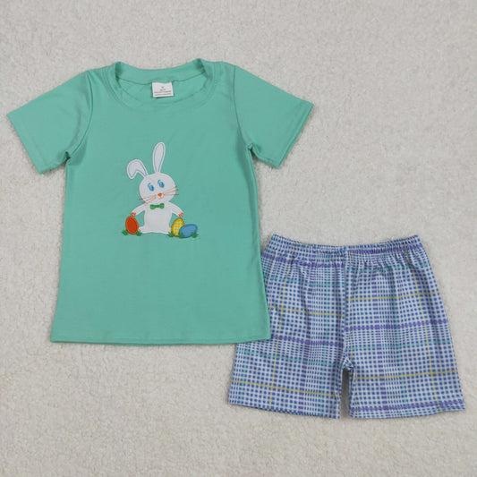 BT1132+SS0422Hop into Easter with This Adorable Boys' Light Blue Plaid Summer Set! Short - Sleeve Shirt with Bunny & Egg Prints and Shorts