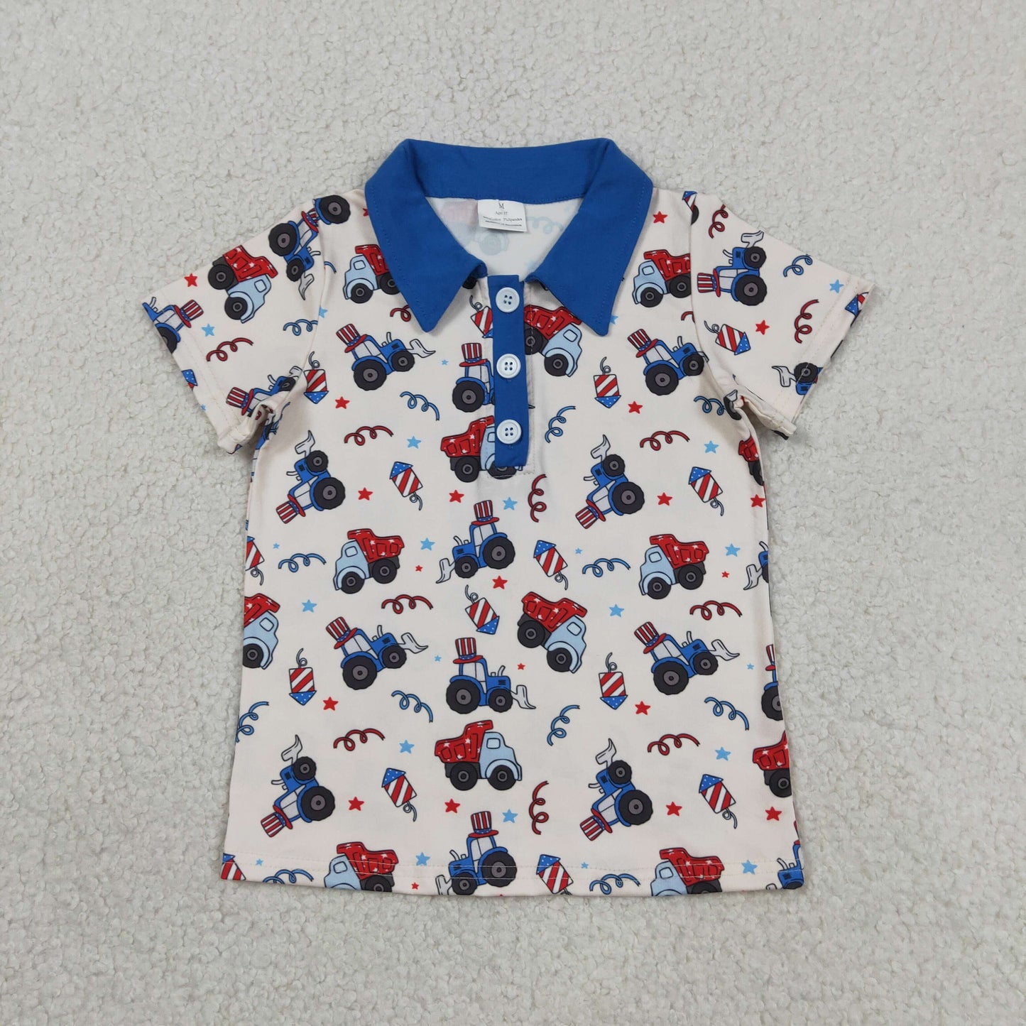 BT1163 RTS NO MOQ （In stock ）Blue short sleeves tractor kids boys 4th of july polo shirt