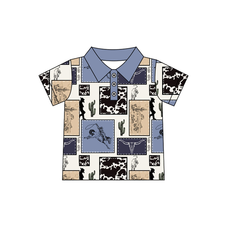 Baby Boys Blue Short Sleeves Pocket Top Cactus Horse Rodeo Short Western Set
