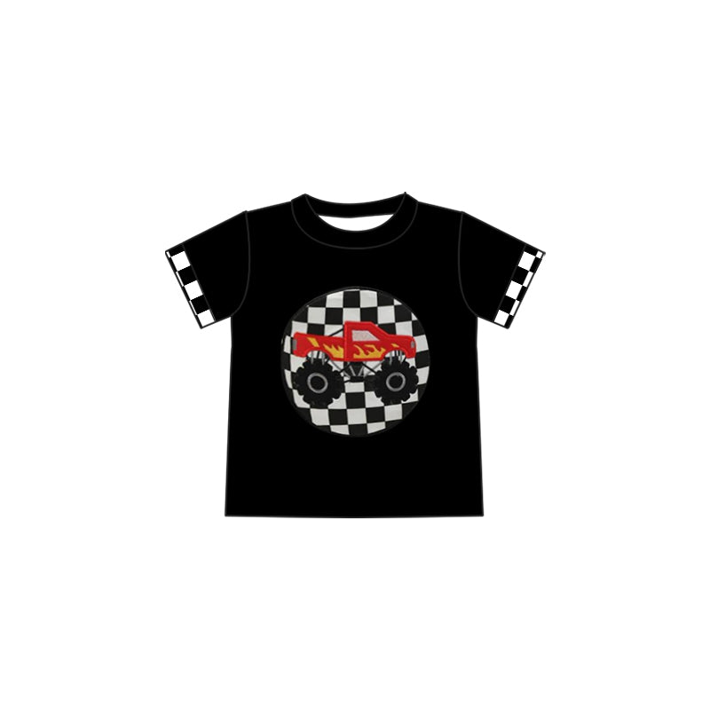 BT1176Kids Boys Black Plaid Truck Short Sleeve Shirt - Casual Style for Children