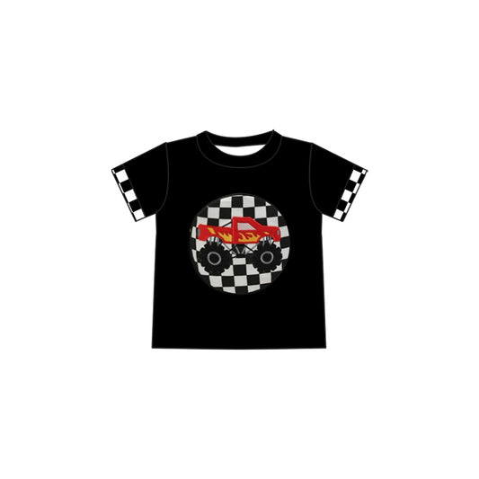 BT1176Kids Boys Black Plaid Truck Short Sleeve Shirt - Casual Style for Children