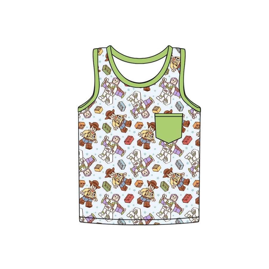 Cute Green Sleeveless Pocket Duck Shirt for Boys’ Summer Days