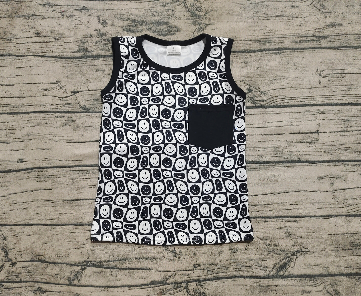 4.12 BT1192 Sample 10days Arrived RTS Baby Boys Black Smile Pocket Sleeveless Shirt Tops