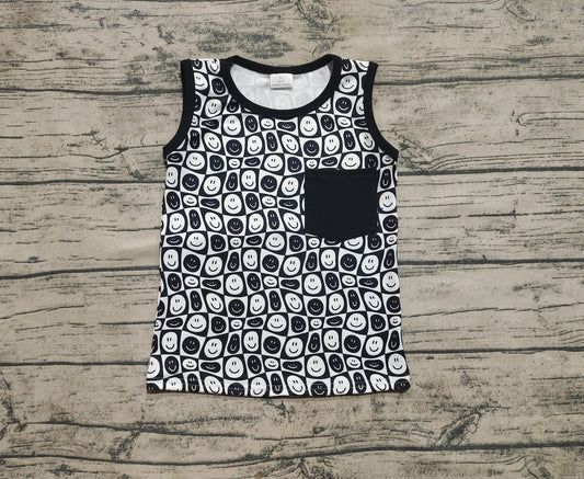 4.12 BT1192 Sample 10days Arrived RTS Baby Boys Black Smile Pocket Sleeveless Shirt Tops