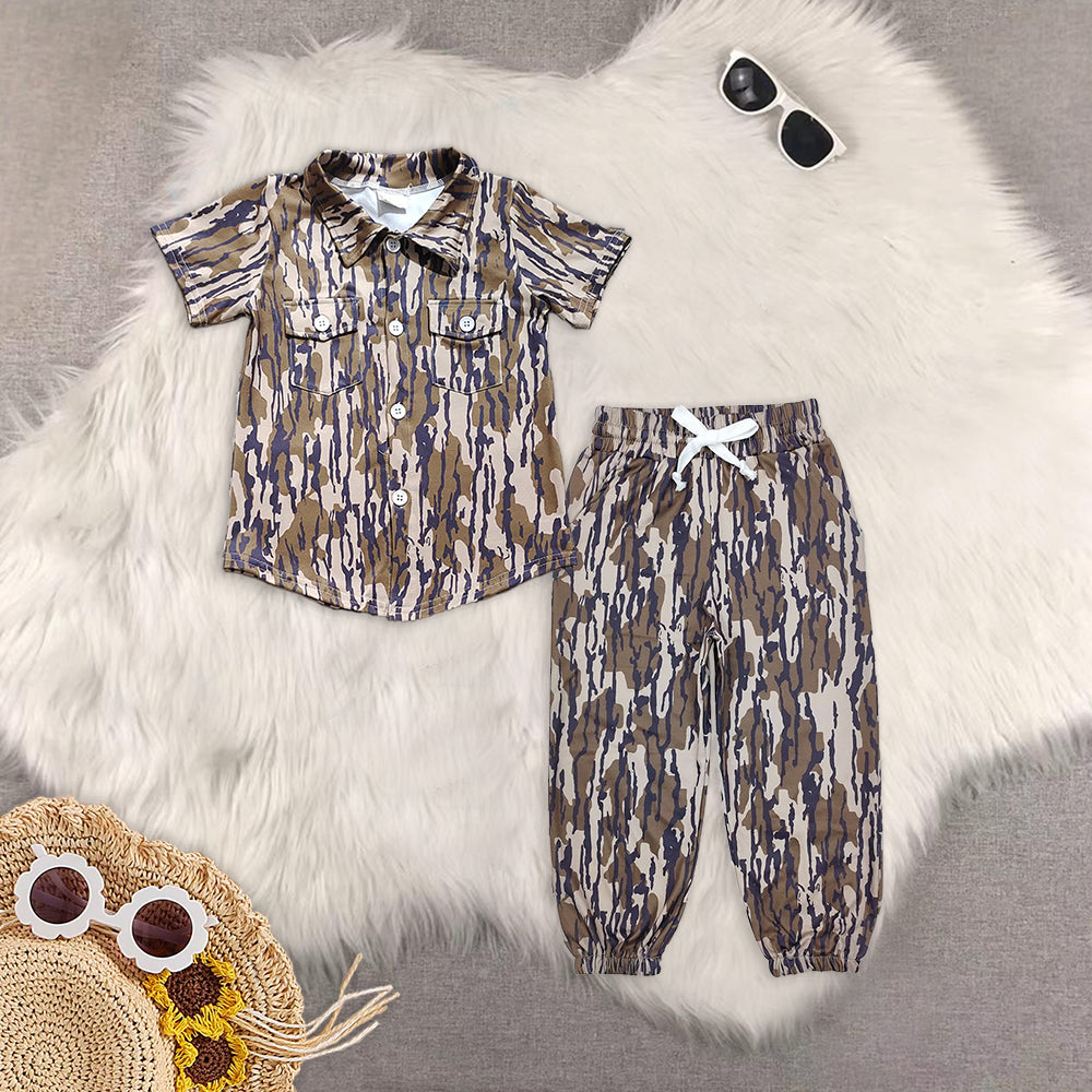 8.18   Sibling Short sleeves dark camo pockets kids boys button down shirt Brown camo pockets elastic waist boys hunting pants sets