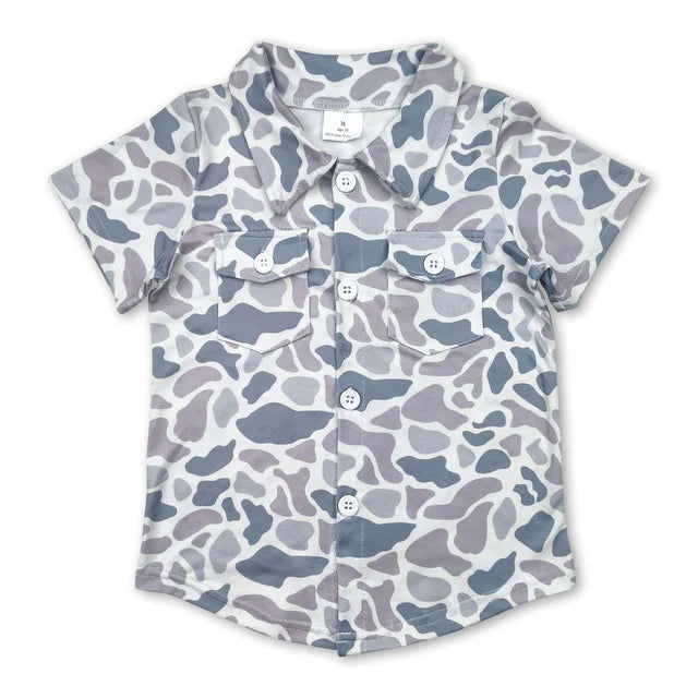 5.13 RTS NO MOQ （In stock）BT1202+SS0730 Grey camo pockets kids boys button down short shirt outfits