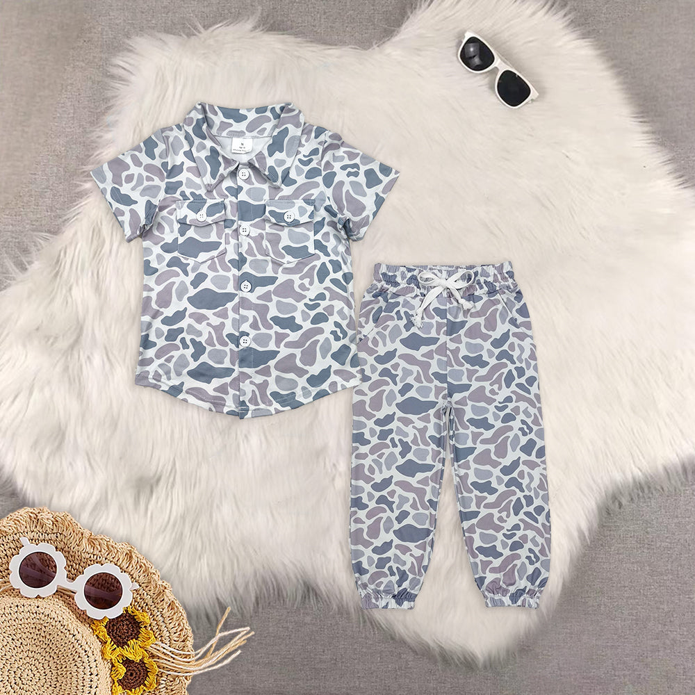 8.18  Sibling Grey camo pockets kids boys button down shirt Grey camo pockets elastic waist boys hunting pants sets