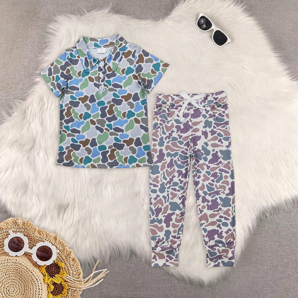 8.18  Sibling Grey camo pockets kids boys button down shirt Grey camo pockets elastic waist boys hunting pants sets