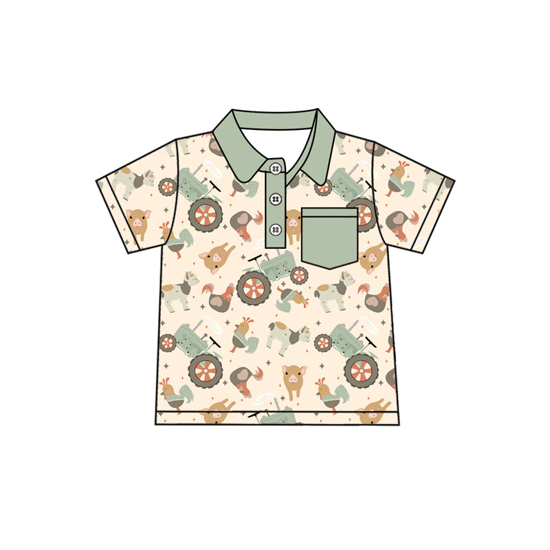 5.19   Pre order Kids Boys Farm Themed Pocket Top Chicken Pig Tractor Short Set - Casual Cotton Clothing