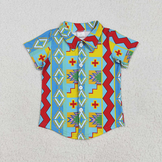 6.18 BT1225 RTS NO MOQ Baby Boys Short Sleeves Colorful Aztec Print Button Shirts Top