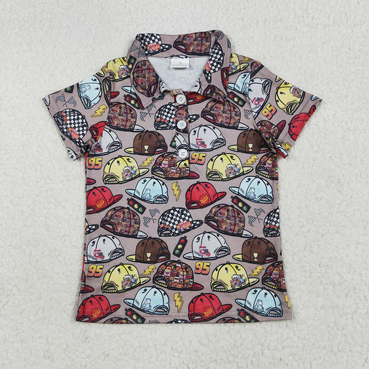 RTS NO MOQ （In stock）BT1228 Baby Boys Summer Tops Baby Boys Brown Short Sleeves Button Cartoon Hats Polo Shirts Top