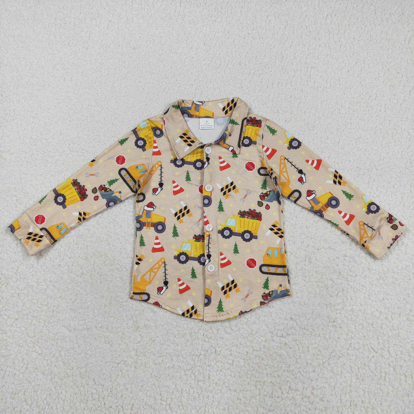 RTS NO MOQ （In stock）BT1254 Baby Boys Long Sleeve Baby Boys Christmas Hats Excavators Button Shirts Top