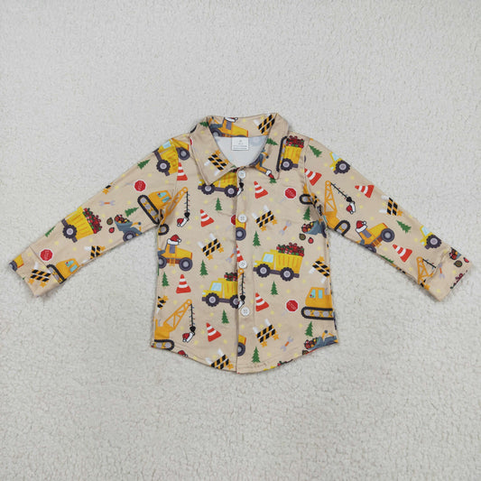 RTS NO MOQ （In stock）BT1254 Baby Boys Long Sleeve Baby Boys Christmas Hats Excavators Button Shirts Top