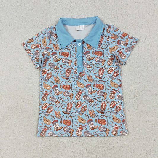8.18   BT1256 RTS NO MOQ Baby Boys Summer Tops  Baby Boys Blue Short Sleeves Hats Boots Button Pullovers Shirts Top