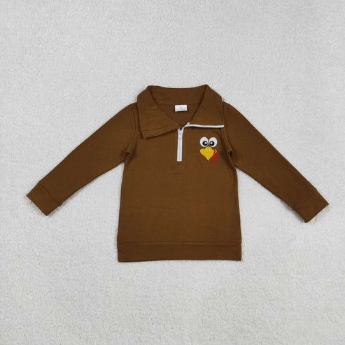9.25 RTS Sibling Baby Boys Embroidery Turkey Thanksgiving Zipper Pullovers Tops