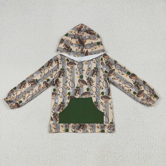 RTS NO MOQ （In stock）BT1267 Baby Boys Long Sleeve Tops Baby Boys Long Sleeves Ducks Stripe Pocket Hoodies Tops