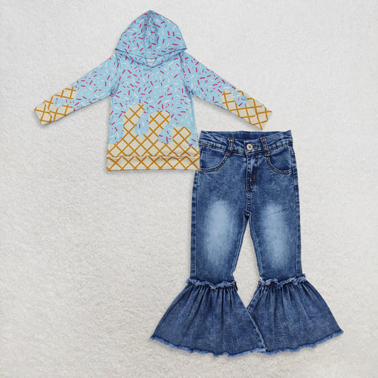 9.26 RTS NO MOQ （In stock）BT1270 + P0676 Baby Boys Blue Team Sprinkles Drips Long Sleeves Hoodies Tops Denim Flare Pants Jeans
