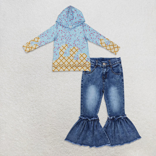 10.1 RTS NO MOQ （In stock）BT1270 +  P0676 Baby Boys Blue Team Sprinkles Drips Long Sleeves Hoodies Tops Denim Flare Pants Jeans