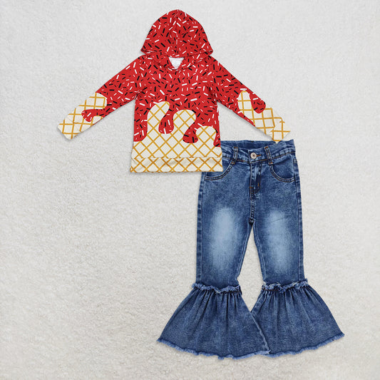 10.1 RTS NO MOQ （In stock）BT1272  +  P0676 Baby Boys Red Long Sleeves Sprinkles Drips Team Hoodies Tops Denim Flare Pants Jeans