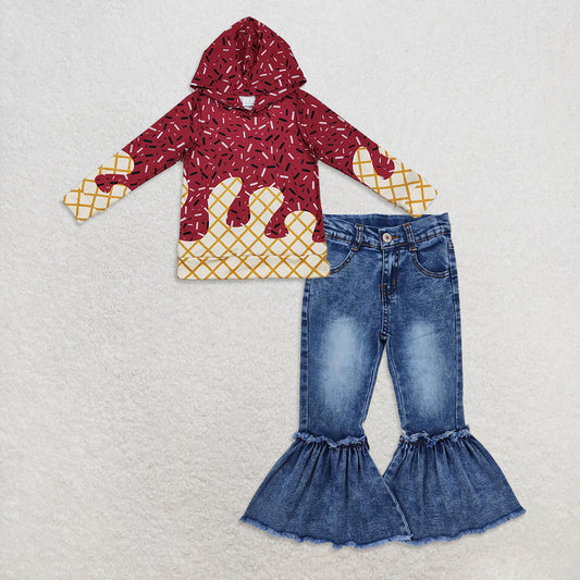 10.1 RTS NO MOQ （In stock）BT1273 + P0676 Baby Boys Dark Red Long Sleeves Team Hoodies Tops Denim Flare Pants Jeans