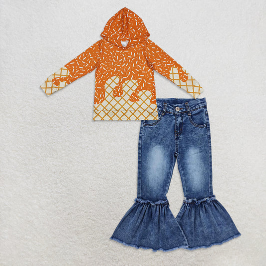 10.1 RTS NO MOQ （In stock）BT1274  +  P0676 Baby Boys Orange Sprinkles Drips Team Hoodies Tops Denim Flare Pants Jeans