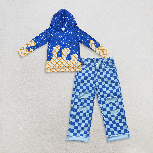 9.26 RTS NO MOQ （In stock）BT1275 +  P0097 Baby Kids Royal Blue Long Sleeves Team Sprinkles Drips Hoodies Tops Checkered Denim Cool Pants