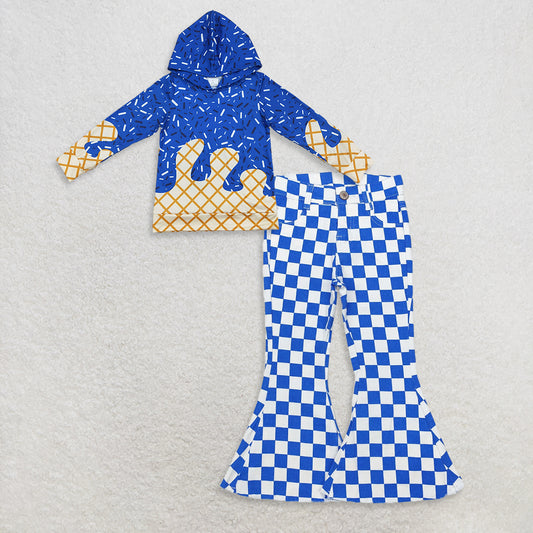 9.26 RTS NO MOQ （In stock）BT1275 + P0610 Baby Kids Royal Blue Long Sleeves Team Sprinkles Drips Hoodies Tops Checkered Fall Bell Flare Denim Pants