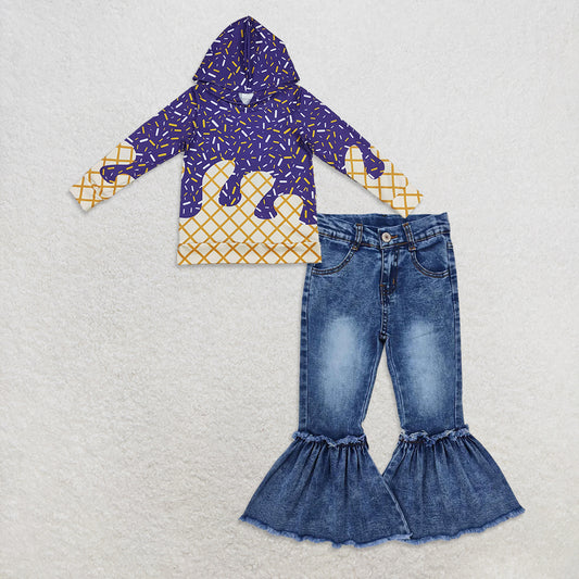 10.1 RTS NO MOQ （In stock）BT1276  +  P0676 Baby Boys Purple Sprinkles Drips Team Hoodies Tops Denim Flare Pants Jeans