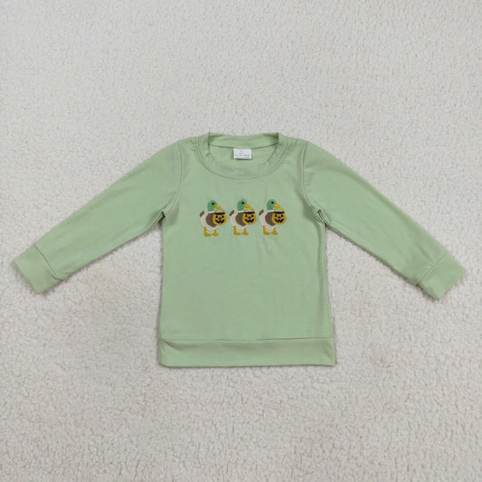 8.22  RTS NO MOQ （In stock）BT1278 Baby Boys Long Sleeve Tops Embroidery Baby Boys Green Long Sleeves Ghost Pumpkins Ducks Tee Shirts Tops