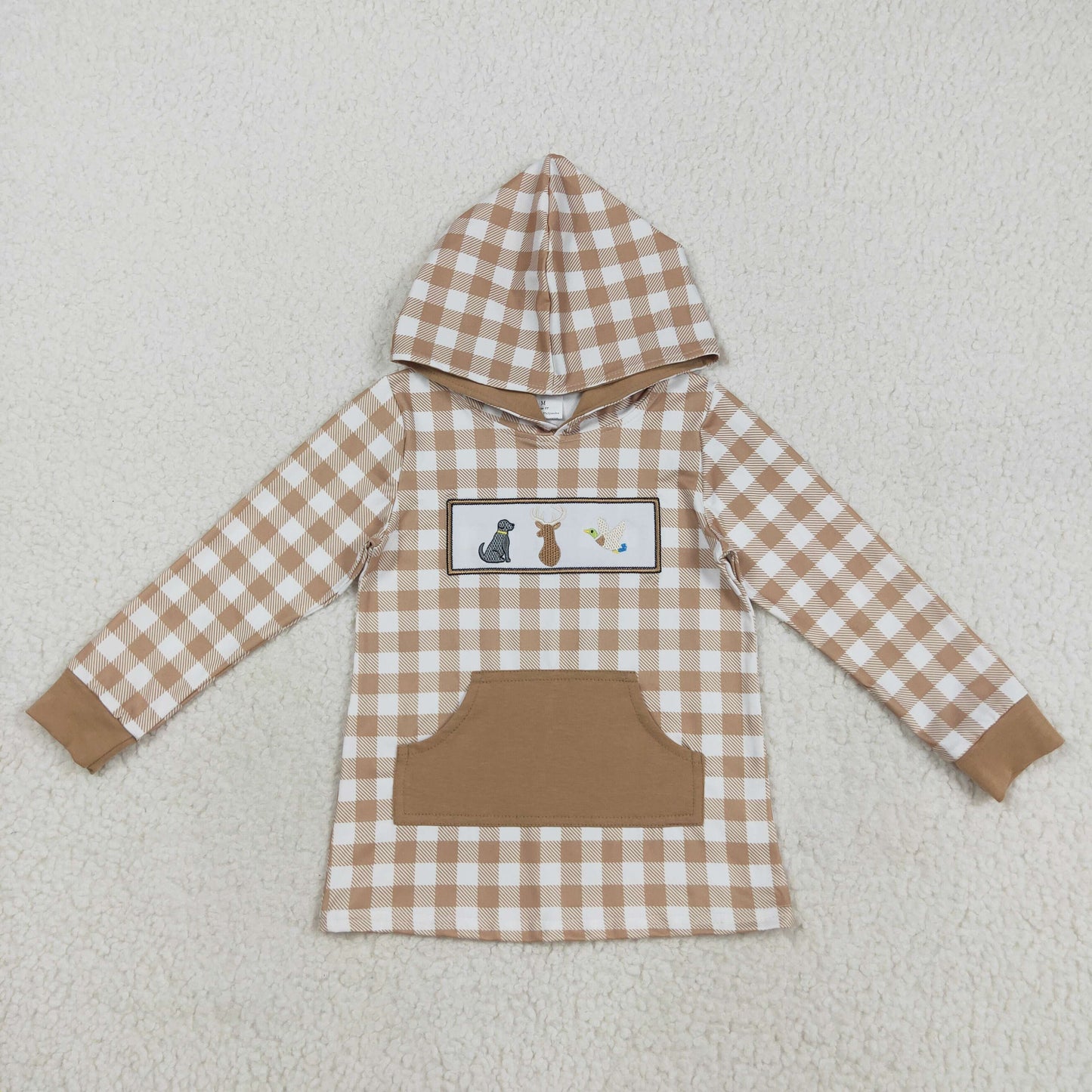 RTS NO MOQ （In stock）BT1285 Baby Boys Long Sleeve Tops Embroidery Dogs Deer Ducks Baby Boys Khaki Plaid Pocket Western Hoodies Top