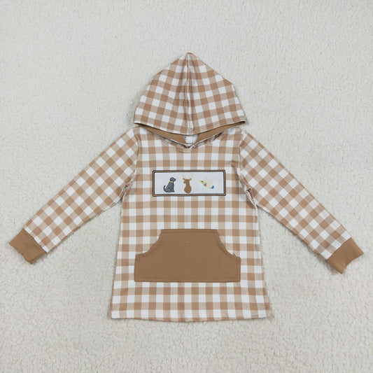 RTS NO MOQ （In stock）BT1285 Baby Boys Long Sleeve Tops Embroidery Dogs Deer Ducks Baby Boys Khaki Plaid Pocket Western Hoodies Top