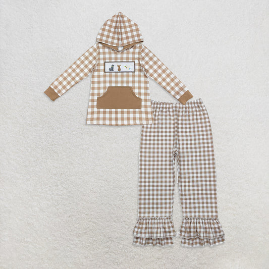 9.30 RTS NO MOQ （In stock）BT1285 + P0607 Embroidery Dogs Deer Ducks Baby Boys Khaki Plaid Pocket Western Hoodies Top Checkered Ruffle Pants