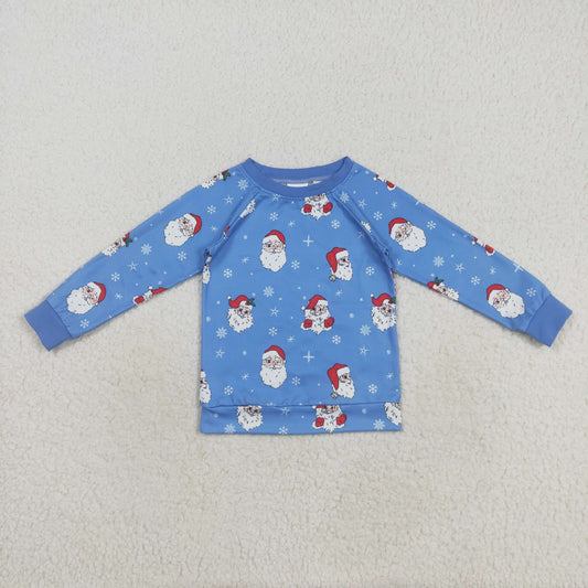 RTS NO MOQ （In stock）BT1289 Baby Boys Long Sleeve Tops Baby Boys Blue Santa Snowflake Christmas Shirts Top