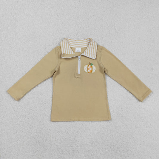 RTS NO MOQ （In stock）BT1293 Baby Boys Long Sleeve Tops Baby Boys Khaki Zipper Pullover Top with Embroidery Pumpkins Design Cute And Cozy Baby Clothing