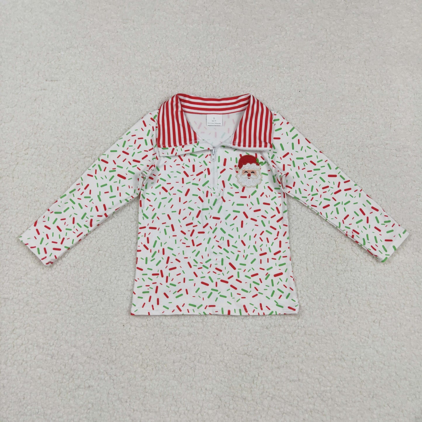 RTS NO MOQ （In stock）BT1294 Baby Boys Long Sleeve Tops Embroidery Santa  Red Green Spinkles Zipper Pullovers Top