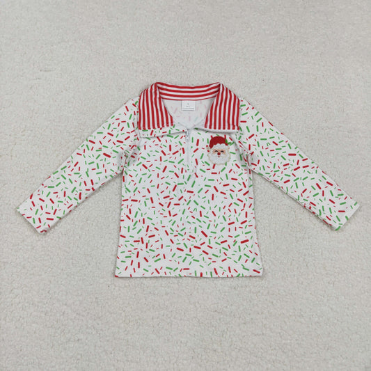 RTS NO MOQ （In stock）BT1294 Baby Boys Long Sleeve Tops Embroidery Santa  Red Green Spinkles Zipper Pullovers Top