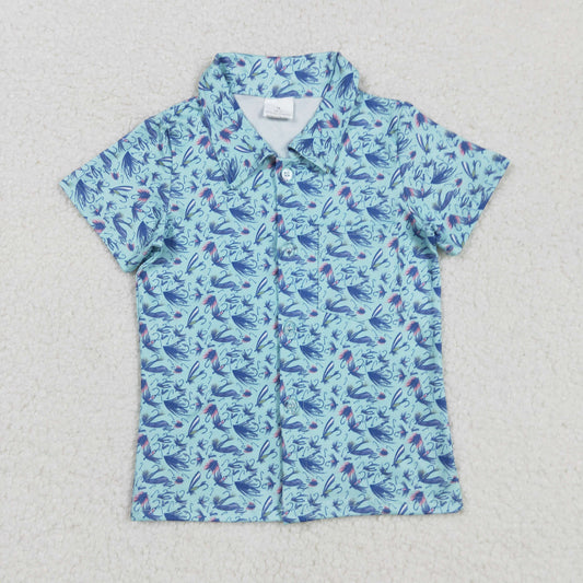 RTS NO MOQ （In stock）BT1296 Baby Boys Summer Tops Short Sleeves Blue Flowers Button Shirts Top