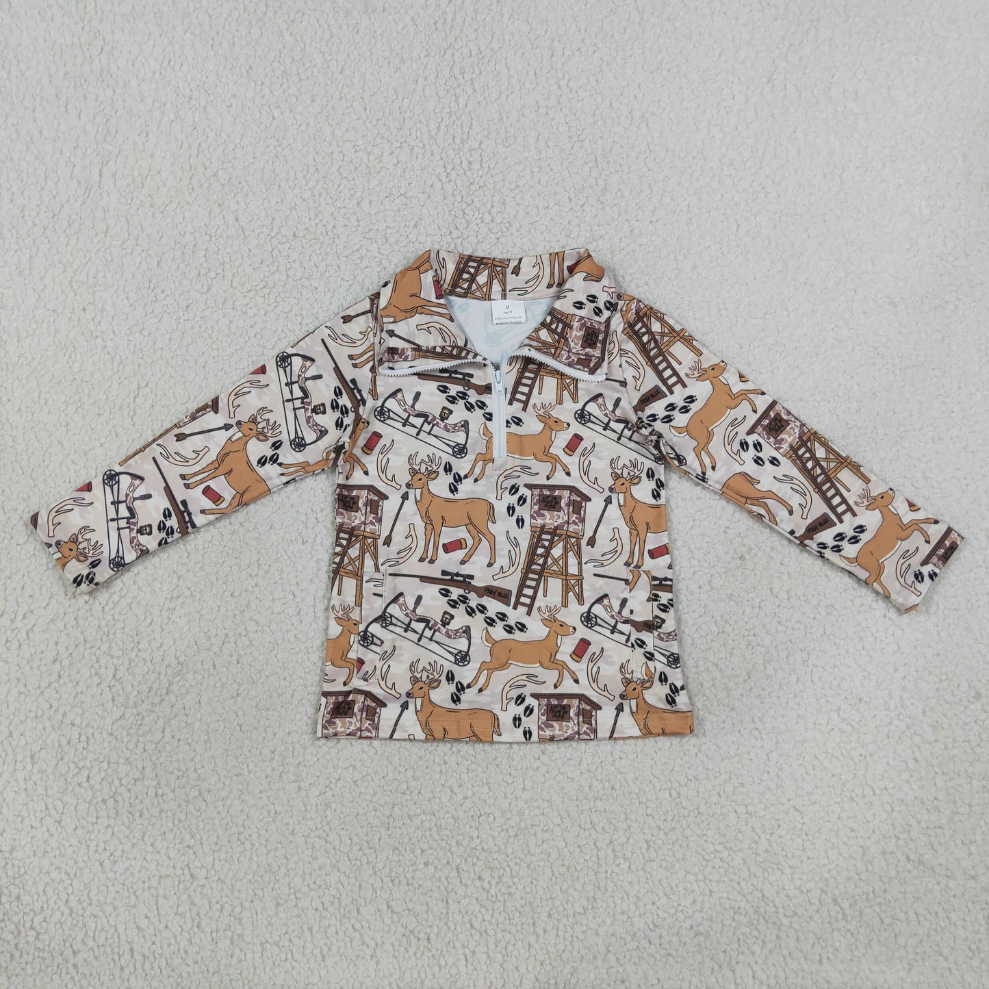 RTS NO MOQ （In stock）milk silk BT1397 Baby Boys Khaki Long Sleeve Deer Hunting Pockets Zip Pullovers Top Fall Outdoor Top