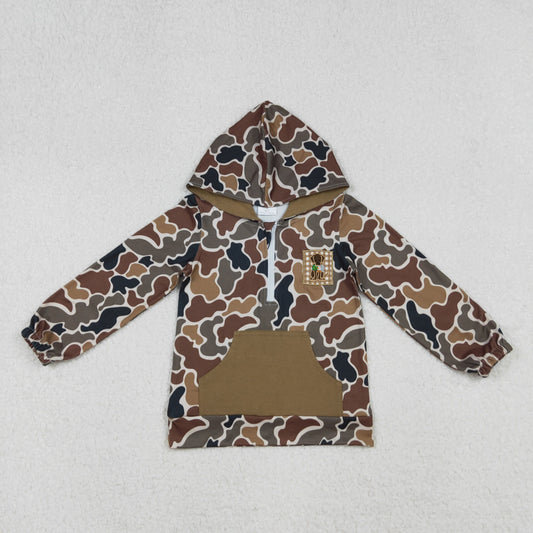 10.10 RTS NO MOQ （In stock）BT1300 Embroidery Dog Duck Baby Boys Brown Camo Pocket Zip Hunting Hoodies