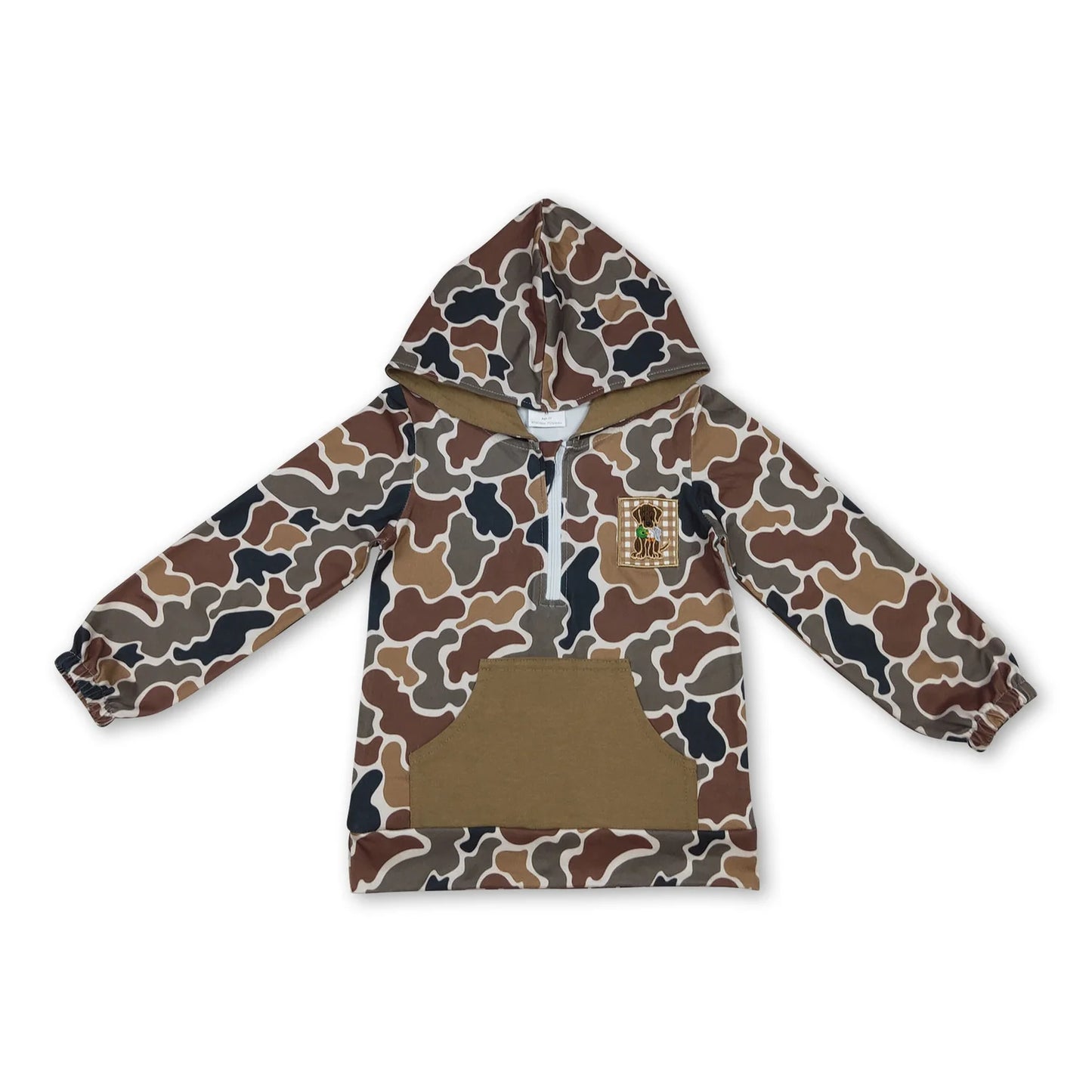 12.10 RST Sibling Baby Kids Brown Camo Embroidery Dog Duck Pocket Zip Hunting Hoodies Top