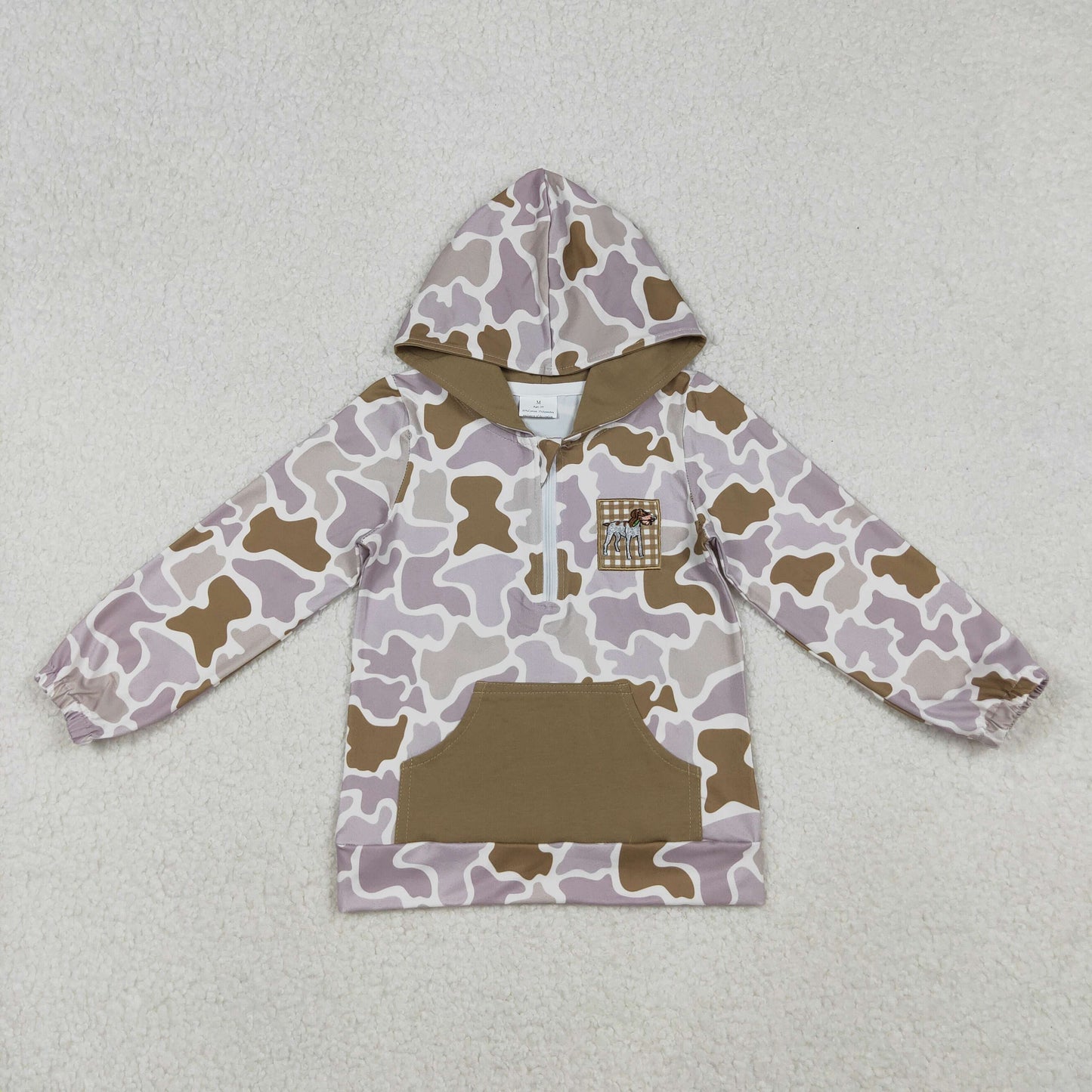 10.10 RTS NO MOQ （In stock）BT1302 Embroidery Dog Duck Baby Boys Camo Pocket Zipper Hunting Hoodies Top