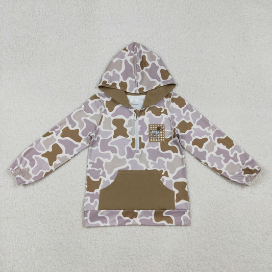 10.10 RTS NO MOQ （In stock）BT1302 Embroidery Dog Duck Baby Boys Camo Pocket Zipper Hunting Hoodies Top