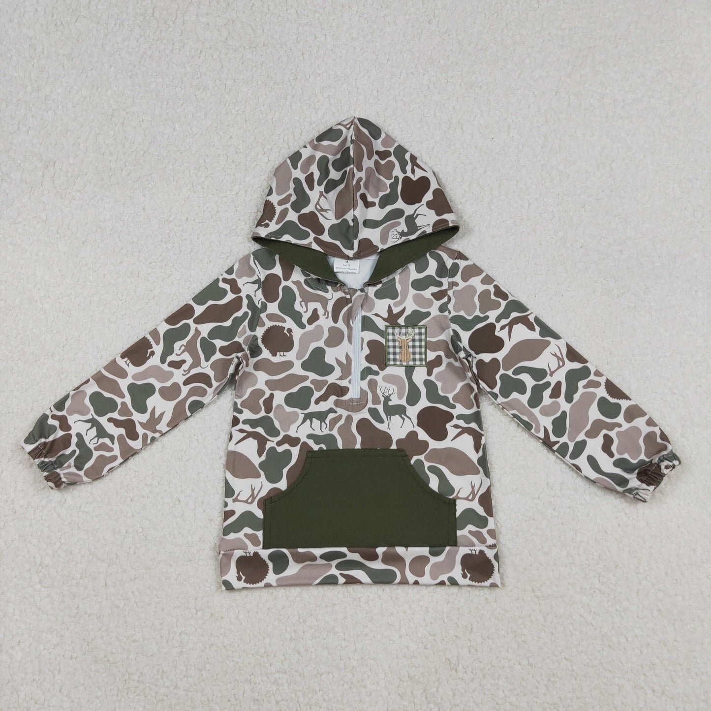 10.11 RTS NO MOQ （In stock）BT1304 Embroidery Deer Baby Boys Dog Ducks Camo Pocket Zipper Hunting Hoodies