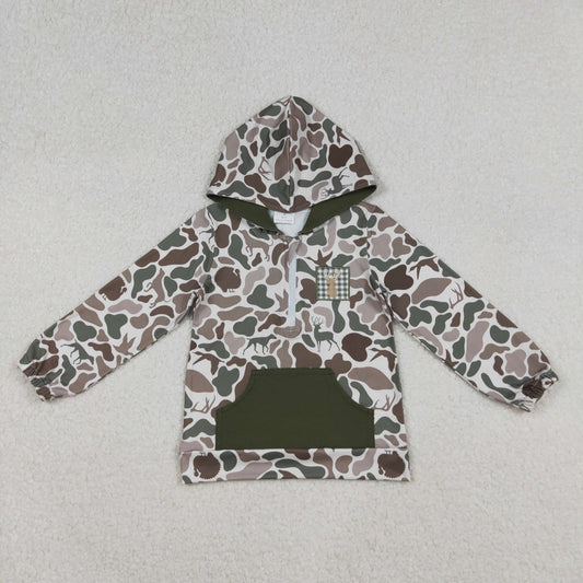 10.11 RTS NO MOQ （In stock）BT1304 Embroidery Deer Baby Boys Dog Ducks Camo Pocket Zipper Hunting Hoodies