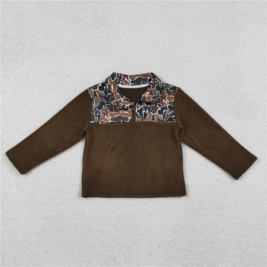 11.26 RTS NO MOQ （In stock）BT1309 Baby Boys Dark Brown Camo Southern Zipper Pullovers Top
