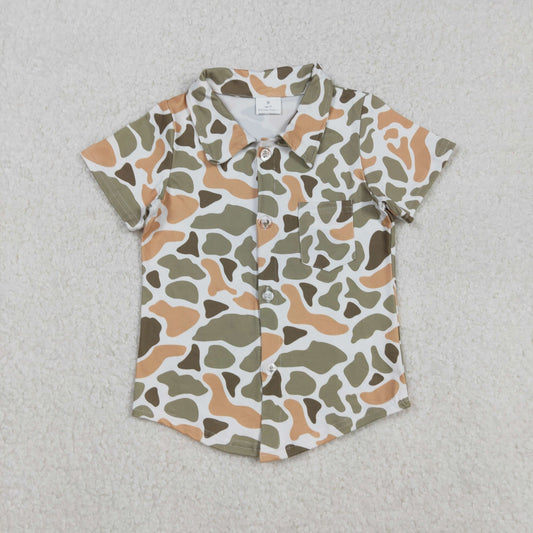 RTS NO MOQ （In stock）BT1312 Baby Boys Shorts Sleeve Tops Western Green Khaki Camouflage Button Pocket Shirt Top for Infants