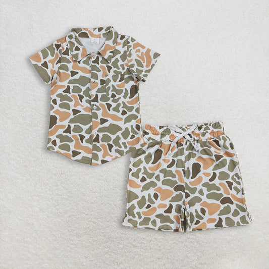 12.6 RTS NO MOQ （In stock）BT1312 +  SS0698 Baby Boys Western Green Khaki Camo Button Pocket Shirts Top Pockets Shorts Bottom